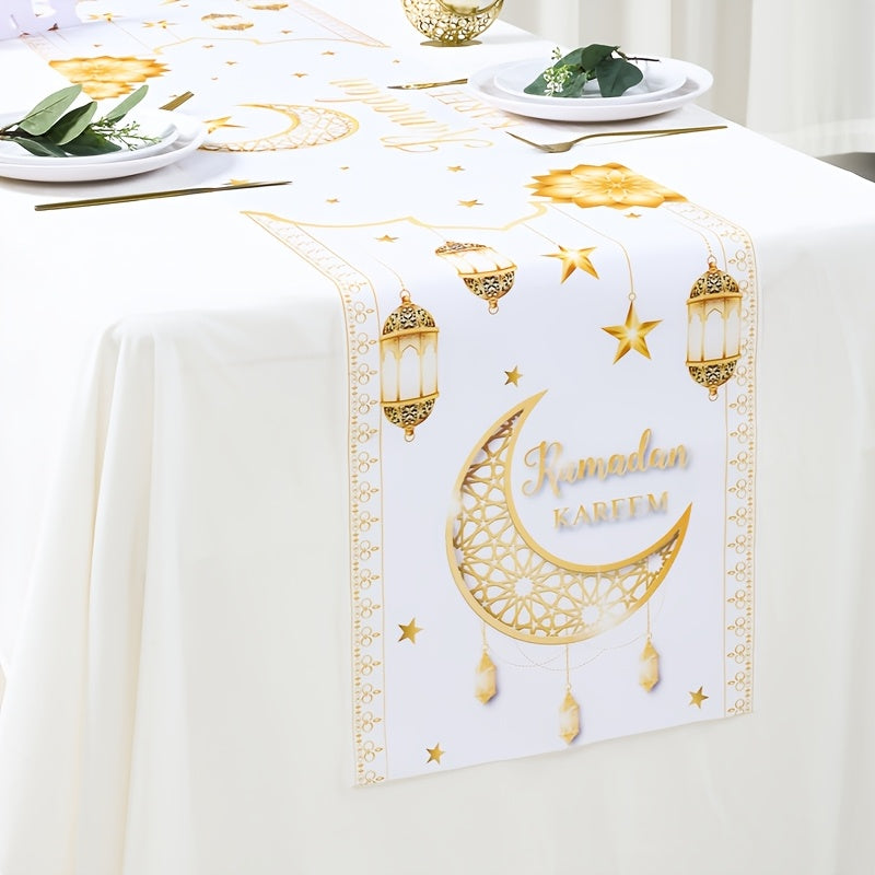 1pc Patimate Ramadan Kareem & Eid Mubarak Table Runner - White & Golden Islamic Crescent Moon and Star Decorations, Muslim Home Table Decor Suitable for Ramadan & Eid Al-Fitr Celebrations, Elegant Islamic Table Cover