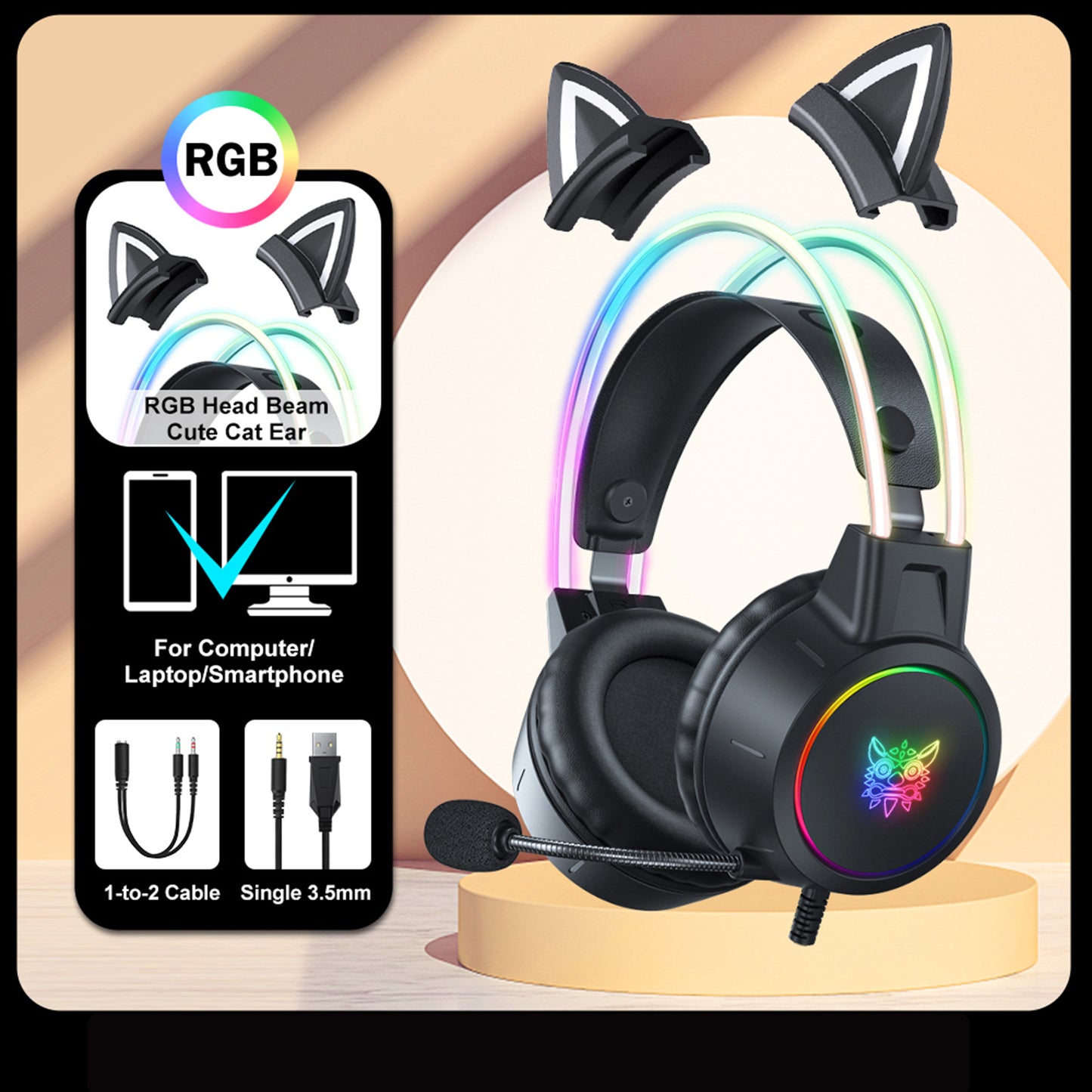 Gaming Headset RGB Lighting Head Beam Wired Headset Detachable Cat Ears Gaming Headset Flexible Mic Button Control Suitable Computer Earphones for PC Gamer