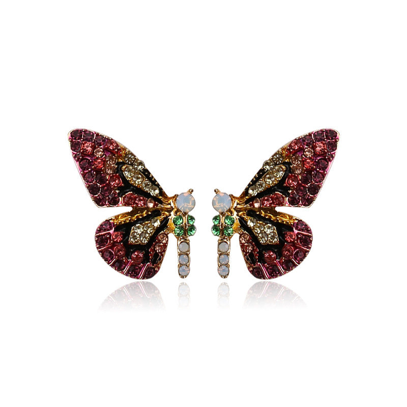 Vibrant Butterfly Shaped Stud Earrings - Sparkling Alloy Jewelry with Synthetic Gems Inlay, Bohemian Luxury Style, Hypoallergenic, Nickel-Free, Perfect for Women's Everyday Wear