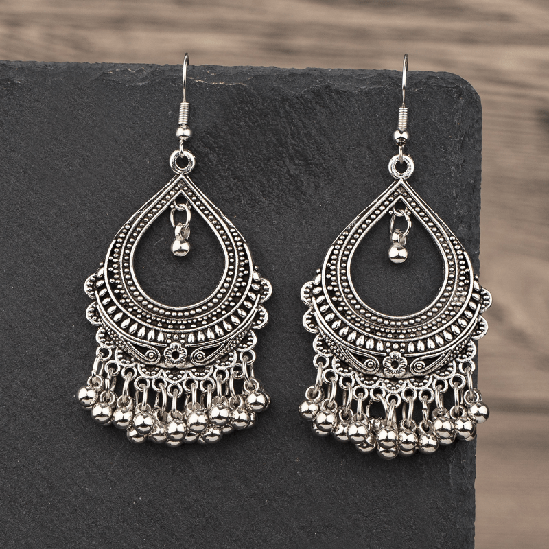 Vintage-Inspired Bohemian Dangle Earrings - Hollow Droplet Shape Metal Bells with Tassel, Ramadan Ear Jewelry - Unique Vocation Style, Fashionable Accessory for Women