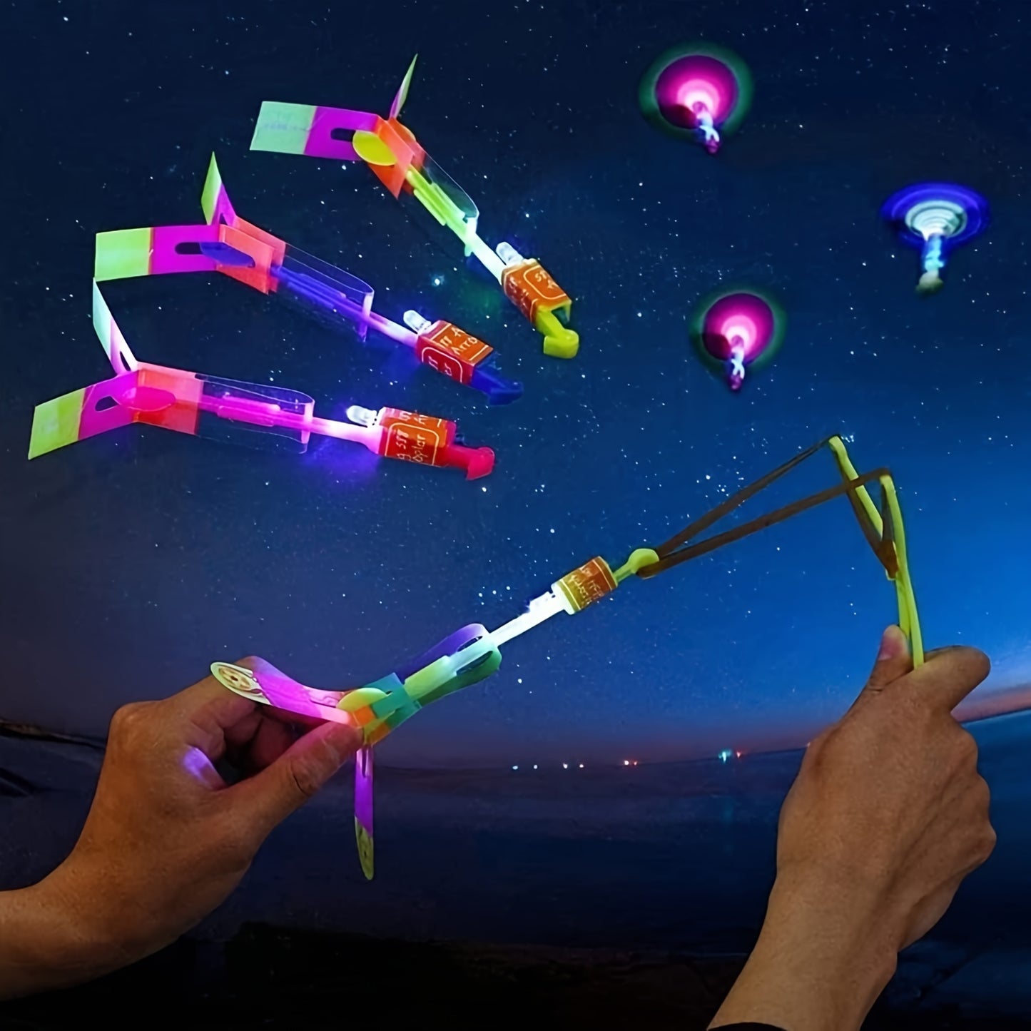 5pcs/10pcs Led Lighting Up Luminous Toy Flying Slingshot Flying Toys Toys Xmas Decor Light Quickly Fast Catapult