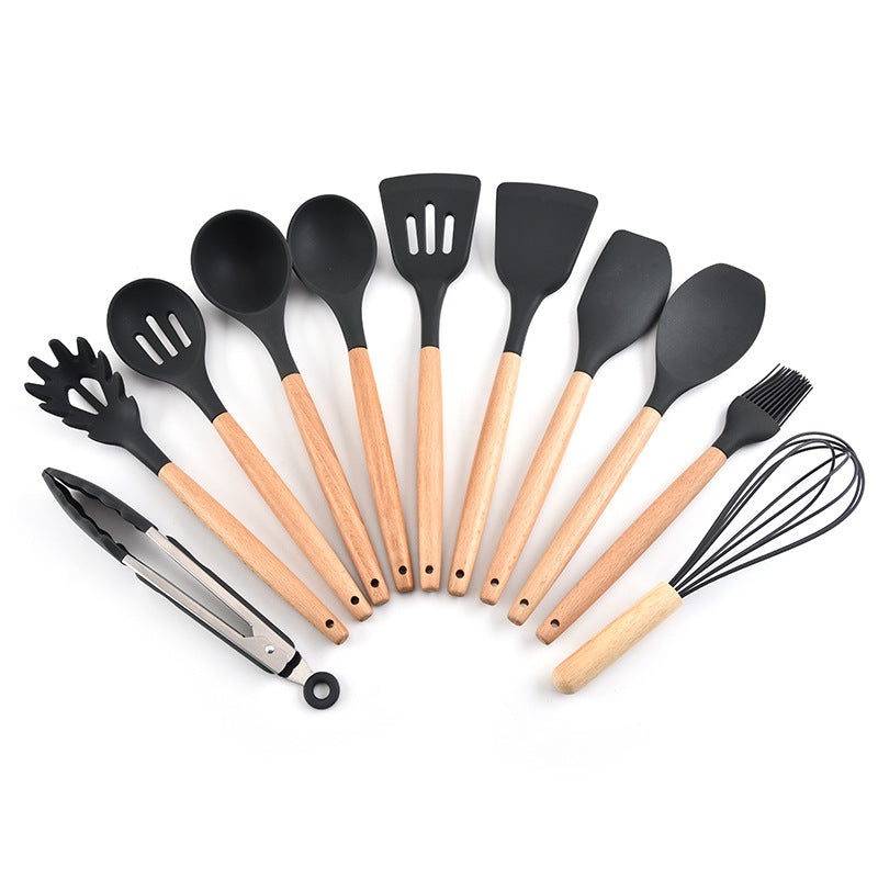 Silicone 11Pcs Kitchen Cooking Utensil Set Non-stick Spatula Heat Resistant Wooden Handle