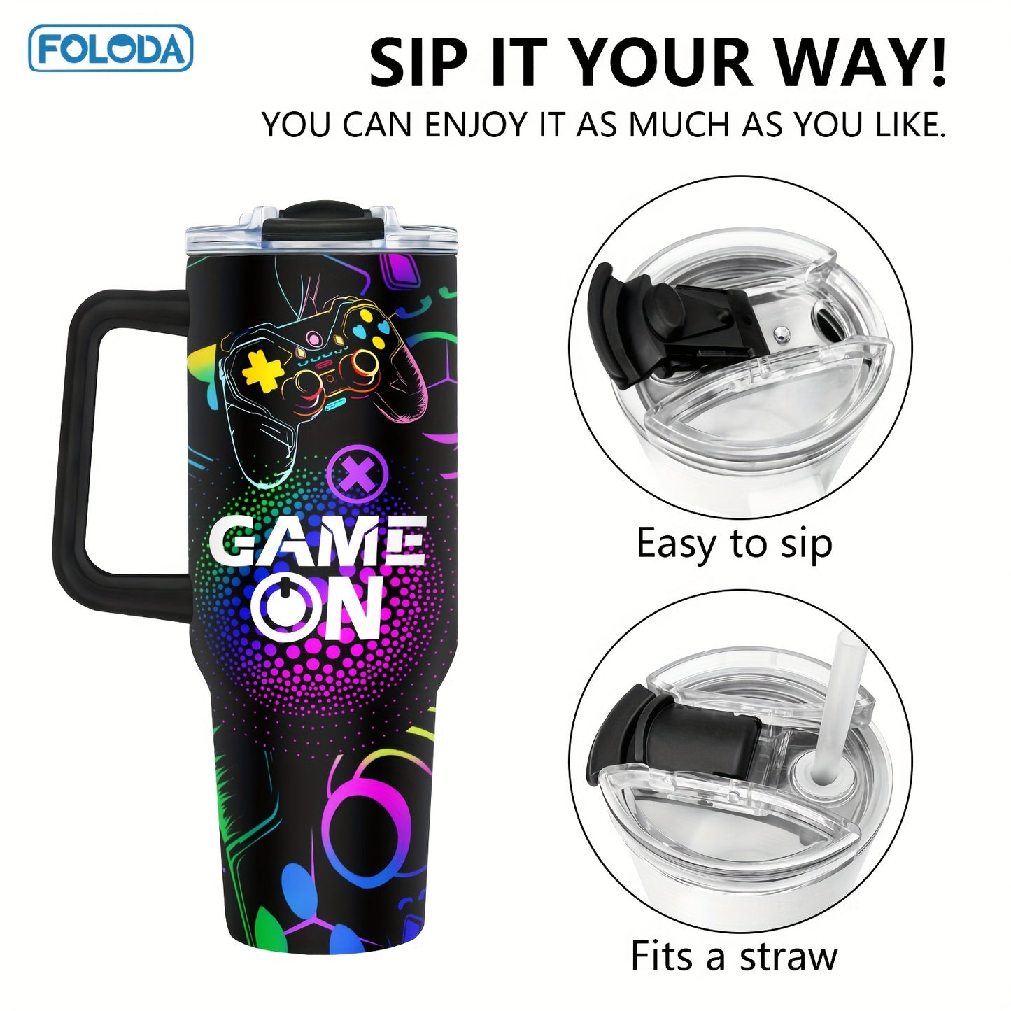 Foloda 1pc 40oz Gaming Mug Tumbler, Gamer Gifts For Men, Gifts For Gamers Men Boys, Cool Gaming Gift, Game Mug, Gifts For Game Lovers Stainless Steel Cup With Handle Lid Straw, Tumbler For Outdoor Camping Travel Accessories B