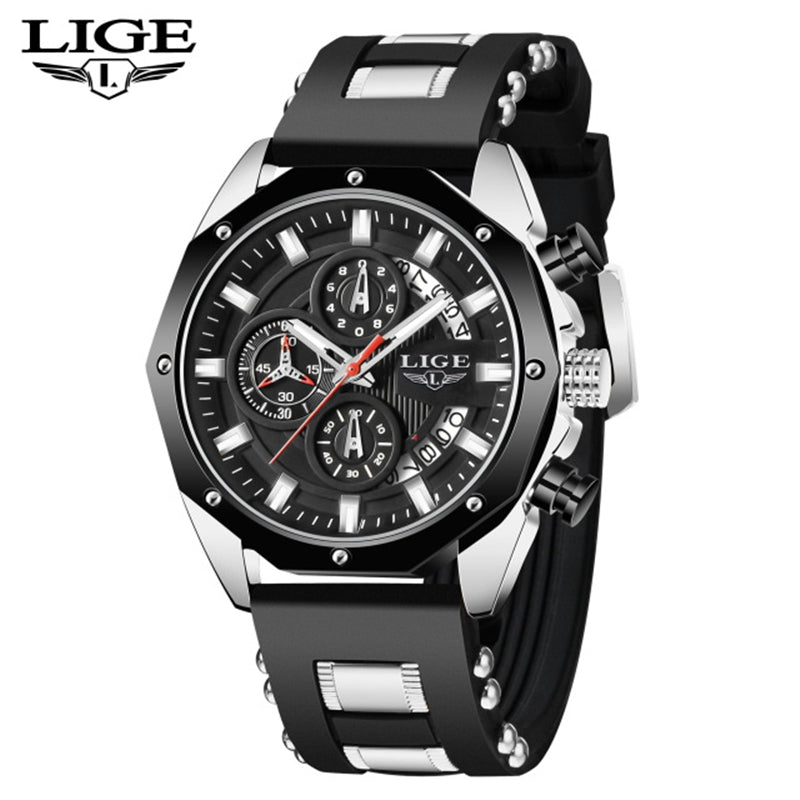 LIGE Mens Watches With Silicone Strap Sport Chronograph Quartz Watch