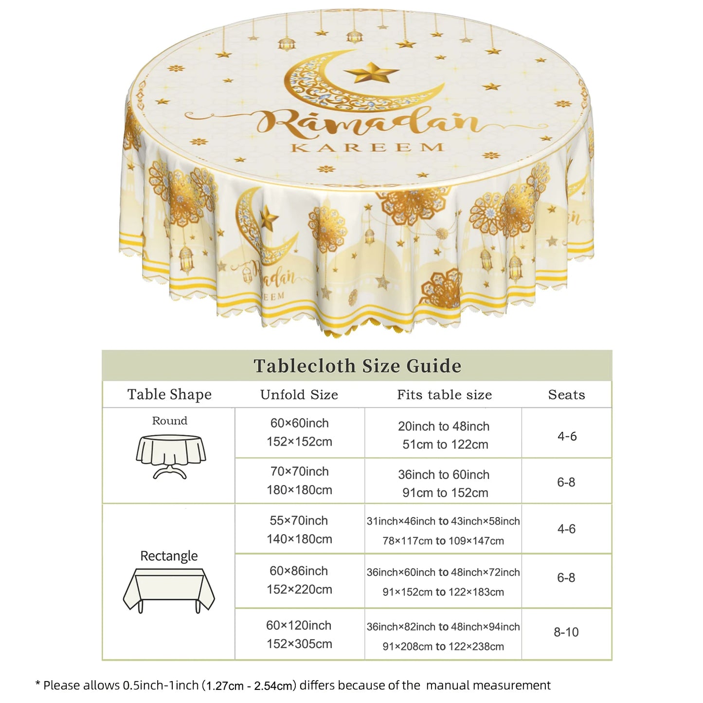 1 Piece of Muslim Ramadan Round Tablecloth, Available in Various Sizes, Printed with Star, Moon, Lantern, Floral, and Geometric Patterns, Round Decorative Tablecloth with Embossed Edges, Ramadan-Themed Home Dining Table Decor