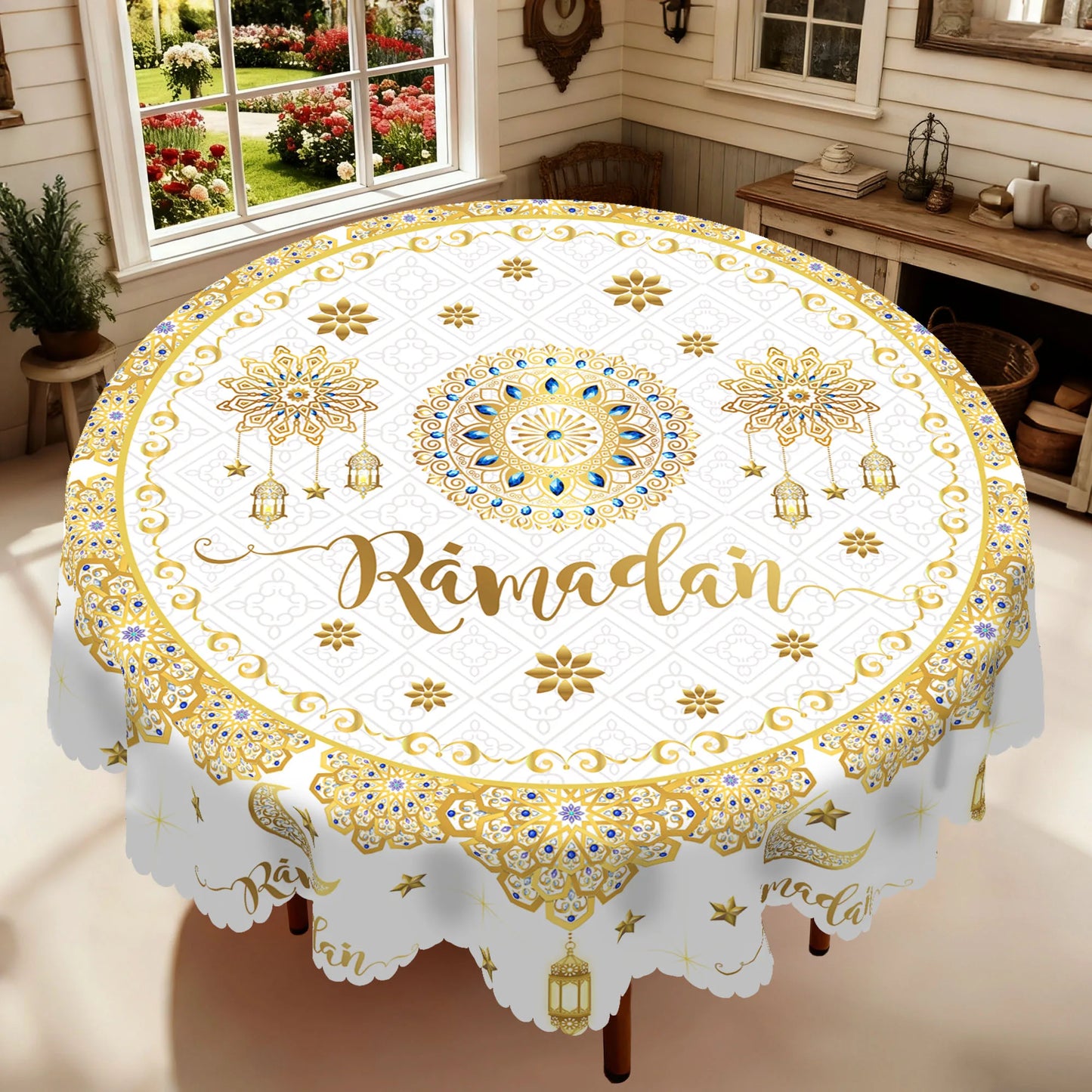1 Piece of Muslim Ramadan Round Tablecloth, Available in Various Sizes, Featuring a Core of Gold-Plated Crescent Moon and Star Embellishments, Paired with Arabic Lantern Outlines and Intricate Rose Patterns Interwoven, with G