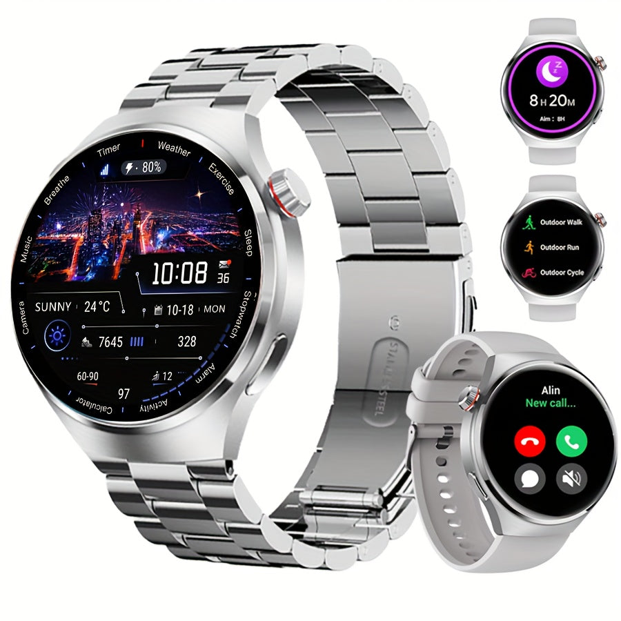 LITTLE MEATBALL Men's Smartwatch, 3.63cm HD Color Display, Wireless Calling,, 100+ Sports Modes, Sleep & Business Monitor, USB Charging, Zinc Alloy, Silicone Strap, Glitter Embellishment, Fitness Tracker Watch|Metallic Finish