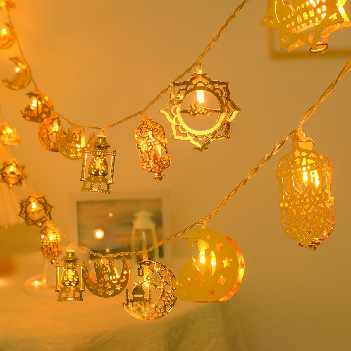 1pc, Mix Style Iron Hollowed Out Ramadan String Lights, 1.8m/70.8inch 10 LED Battery Operated, Ramadan Decorations, Bedroom, Ramadan Lights, Living Room Decor, Eid Mubarak, for home, Smart, Spring, Summer, Holiday Decor (Batt