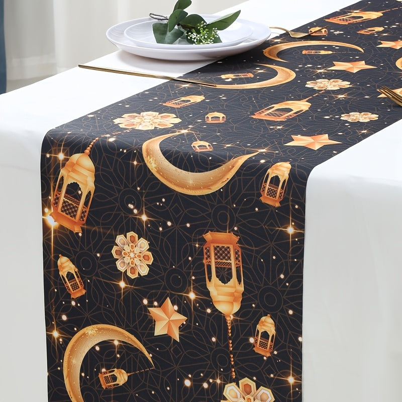 1pc Eid Mubarak Table Runner | Moon Star Sun Design Black Golden Table Runner, Ramadan Kareem Table Decor, Polyester Rectangle, Ramadan Decorations For Home, Muslim Party Decoration Eid Al Adha Gifts
