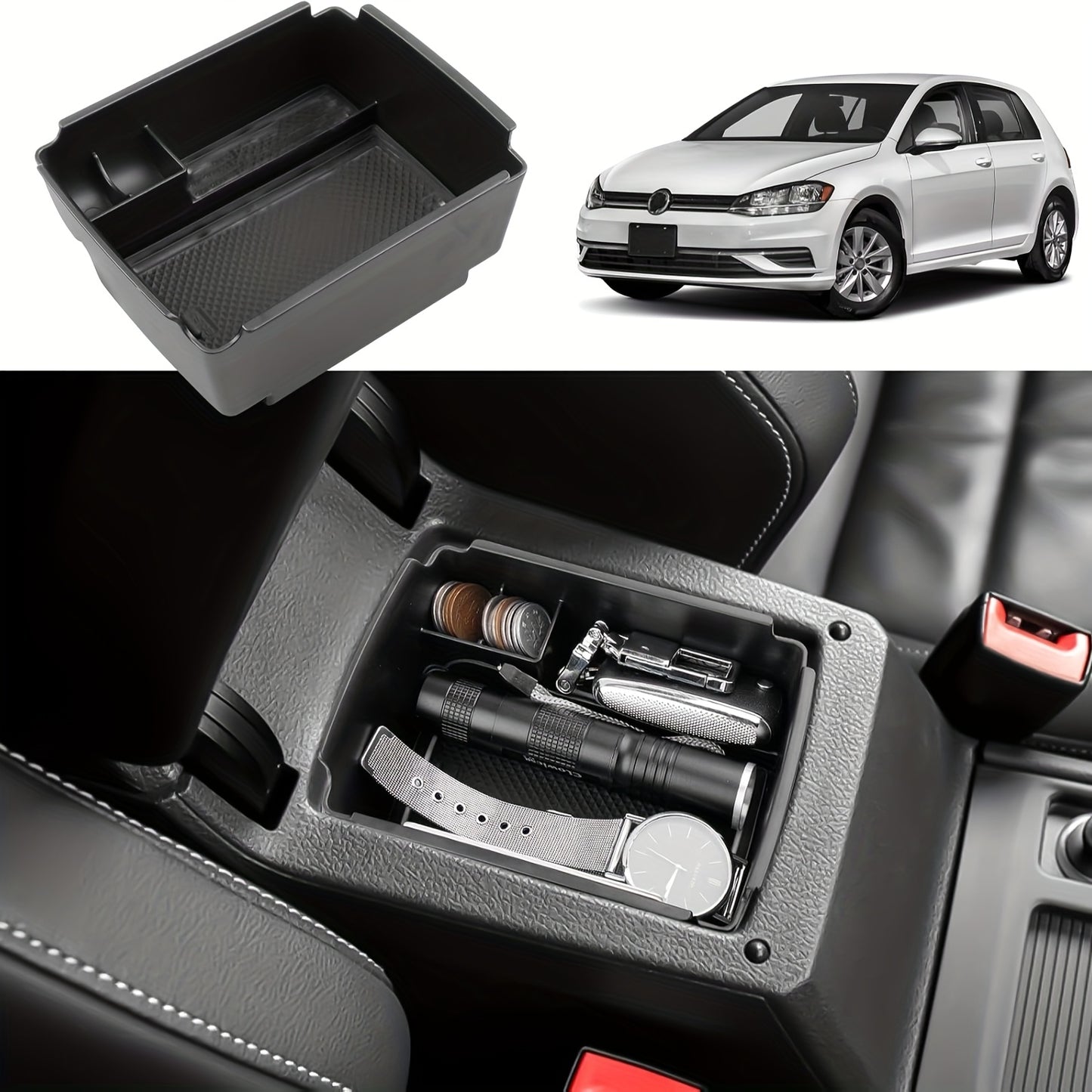 For VW Golf 7/GM7 VII 5G GTI R Center Console Tray - Sleek Black ABS Storage Box with Cup Holder & Organizer for a Neat Car Interior, Custom Fit for Golfing Enthusiasts, Car Interior Accessories | Sleek ABS Tray | Durable ABS