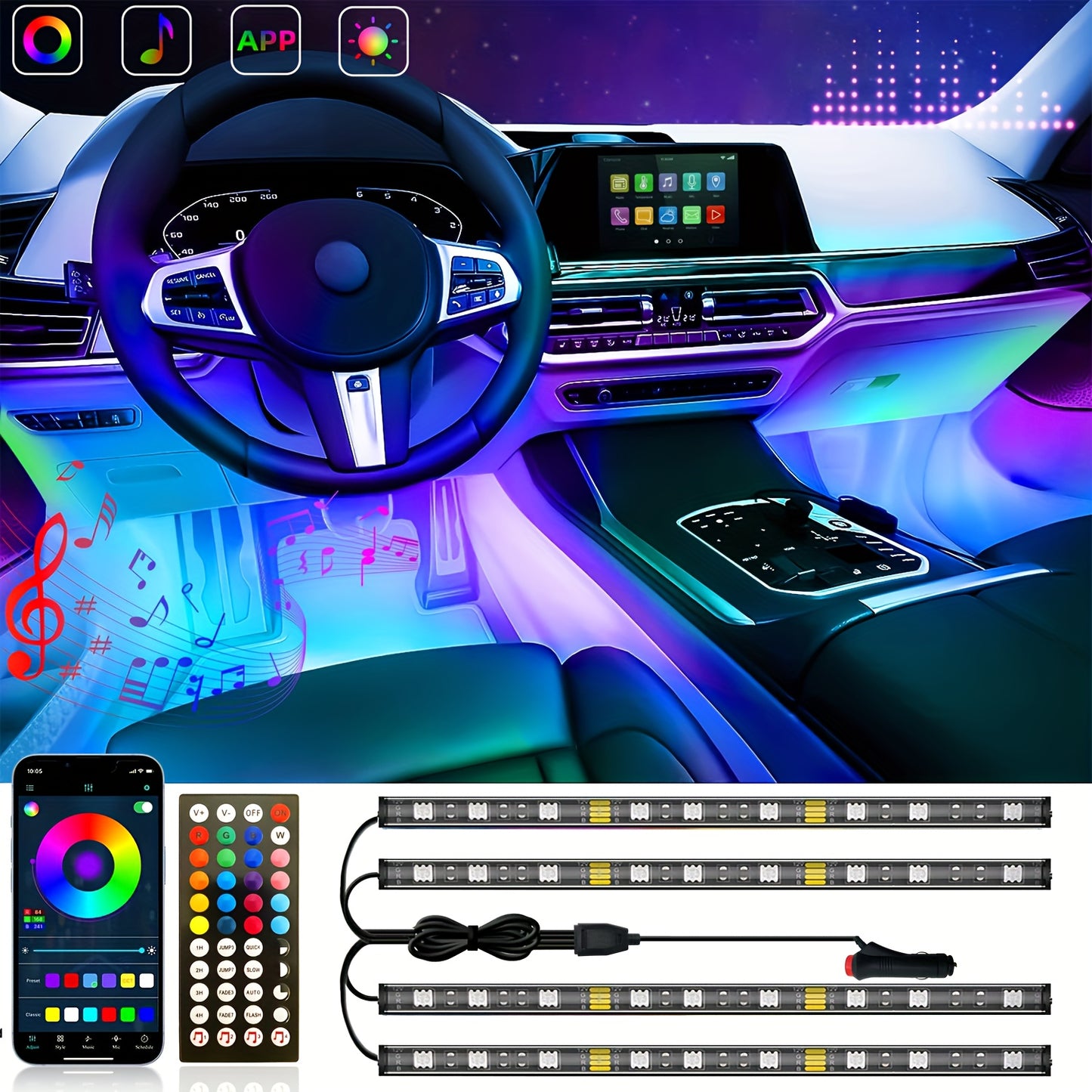 4 LED Smart Car Light Strips, 12V Music Synchronized Color-changing Light Strips, App, 44-key Remote Control, DIY Mode Brightness Adjustment Lights, For Various Car Models