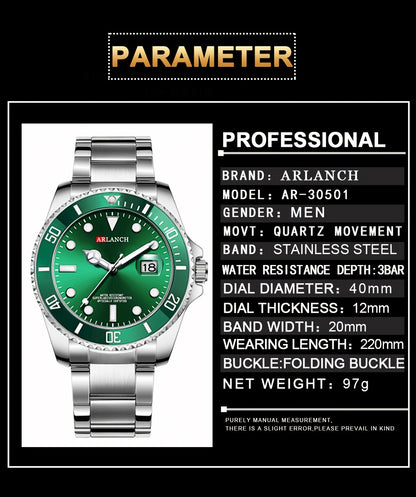 ARLANCH New Fashion Brand Men's Stainless Steel Watches Luminous Male Quartz Watches Calendar Sports Men's Business Watches