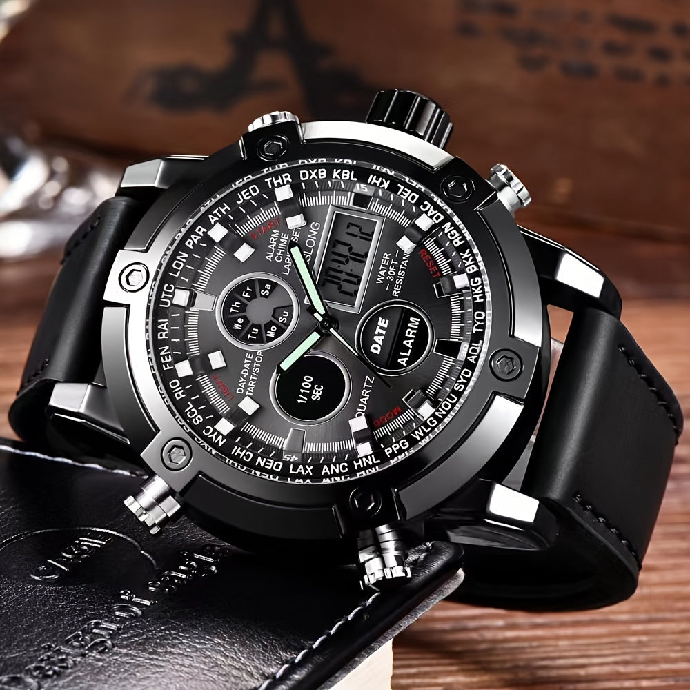 Dual-display Fashion Watch Leather Belt Men's Watch Multi-function Sports Electronic Watch Ideal Choice For Gifts