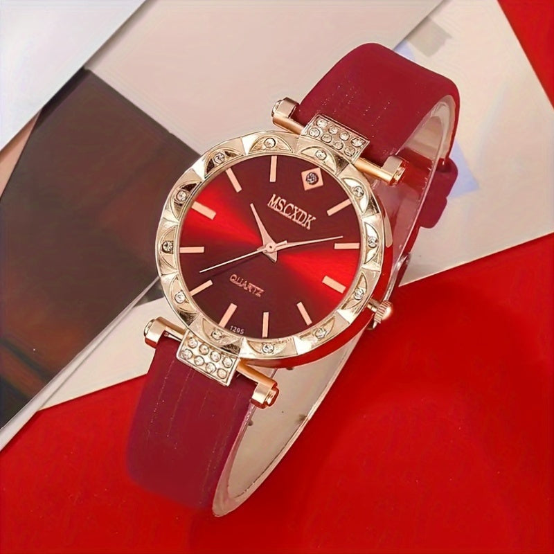 Fashionable 5-Piece Ladies Quartz Wrist Watch Set with Heart Jewelry - Round Red Dial PU Leather Band Zinc Alloy Case Non- Analog Watches with Matching Necklace, Ring, and Earrings