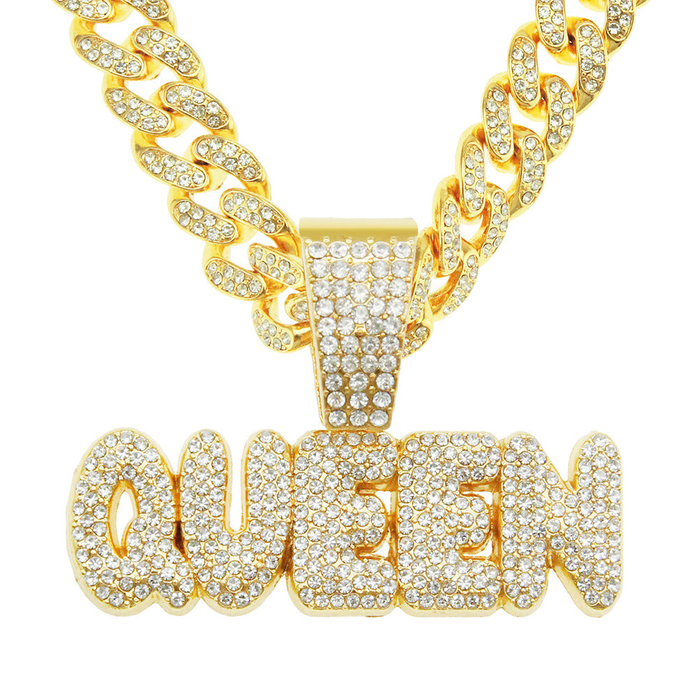Full Diamond Alphabet Queen Pendant Necklace