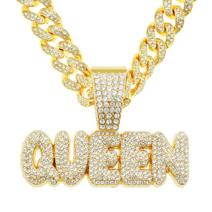 Full Diamond Alphabet Queen Pendant Necklace