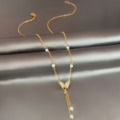 Elegant Butterfly Pendant Necklace With Faux Pearls, Chic Fashion Jewelry, Vacation-Style Ladies' Accessory, Perfect Gift Idea