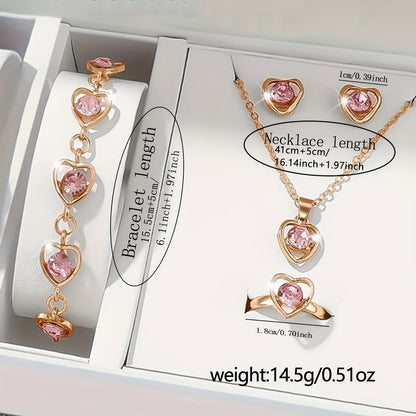 6pcs Women's Elegant & Cute Pink Smartwatch & Jewelry Set with Heart-Shaped Face, Interchangeable Strap, Necklace, Bracelet, Ring & Earrings - Digital Display Electronic Watch with Strap, Pink & Clear Bezel, Perfect for Daily