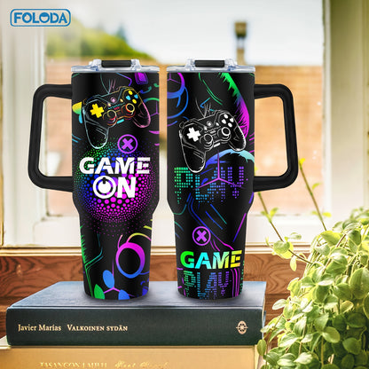 Foloda 1pc 40oz Gaming Mug Tumbler, Gamer Gifts For Men, Gifts For Gamers Men Boys, Cool Gaming Gift, Game Mug, Gifts For Game Lovers Stainless Steel Cup With Handle Lid Straw, Tumbler For Outdoor Camping Travel Accessories B