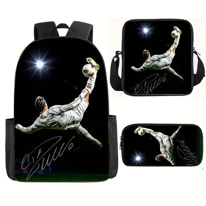 3pcs Backpack Set, Football Player Print, Suitable For Teenagers, Boys And Girls, Durable Lightweight, Suitable For Students
