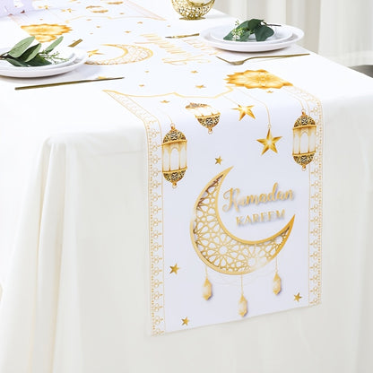 1pc Patimate Ramadan Kareem & Eid Mubarak Table Runner - White & Golden Islamic Crescent Moon and Star Decorations, Muslim Home Table Decor Suitable for Ramadan & Eid Al-Fitr Celebrations, Elegant Islamic Table Cover