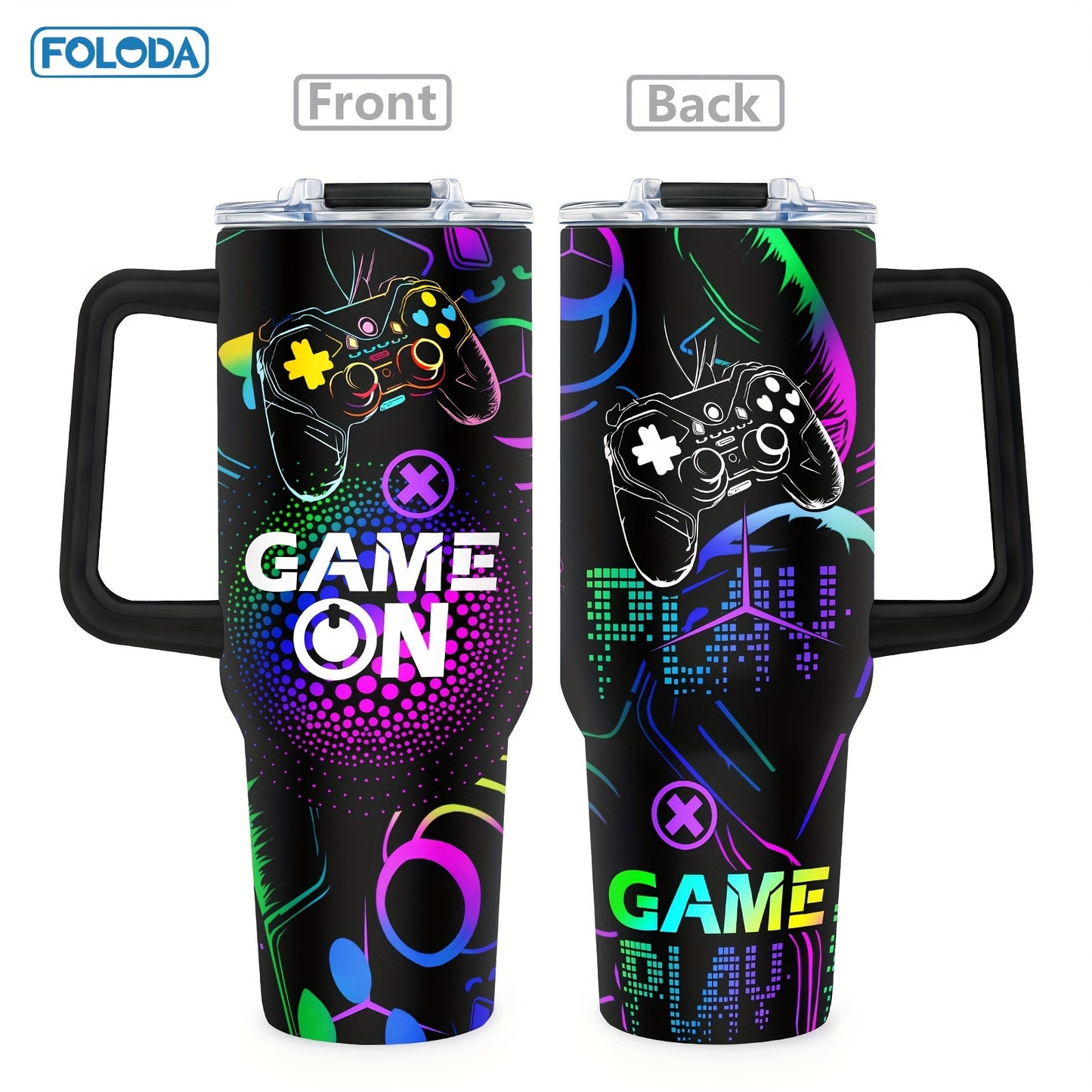 Foloda 1pc 40oz Gaming Mug Tumbler, Gamer Gifts For Men, Gifts For Gamers Men Boys, Cool Gaming Gift, Game Mug, Gifts For Game Lovers Stainless Steel Cup With Handle Lid Straw, Tumbler For Outdoor Camping Travel Accessories B