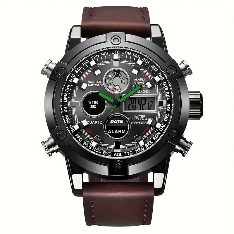 Dual-display Fashion Watch Leather Belt Men's Watch Multi-function Sports Electronic Watch Ideal Choice For Gifts