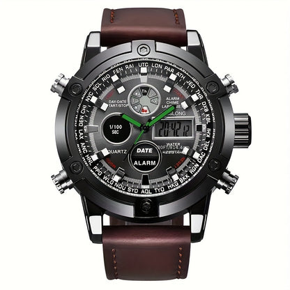 Dual-display Fashion Watch Leather Belt Men's Watch Multi-function Sports Electronic Watch Ideal Choice For Gifts