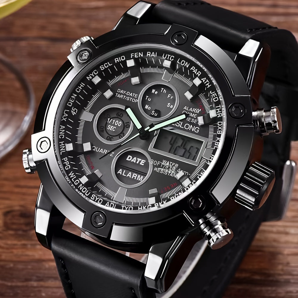 Dual-display Fashion Watch Leather Belt Men's Watch Multi-function Sports Electronic Watch Ideal Choice For Gifts