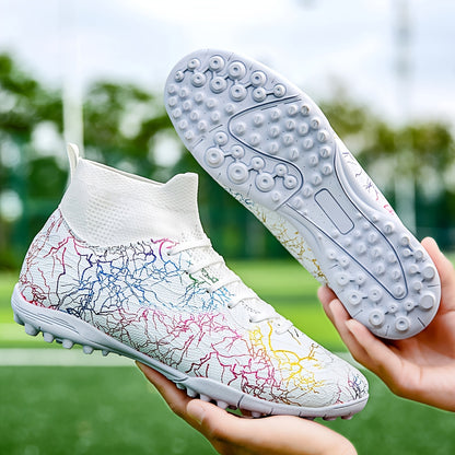 Men's Trendy Color Intrigue Striped TF Football Shoes With Collar, Professional Non Slip Durable Soccer Shoes For Outdoor Training Competition, All Seasons