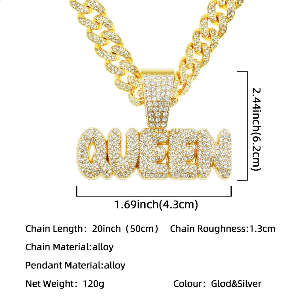 Full Diamond Alphabet Queen Pendant Necklace