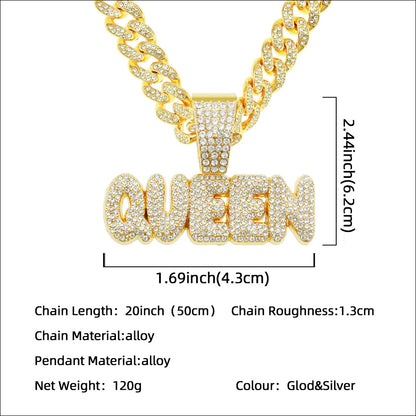 Full Diamond Alphabet Queen Pendant Necklace