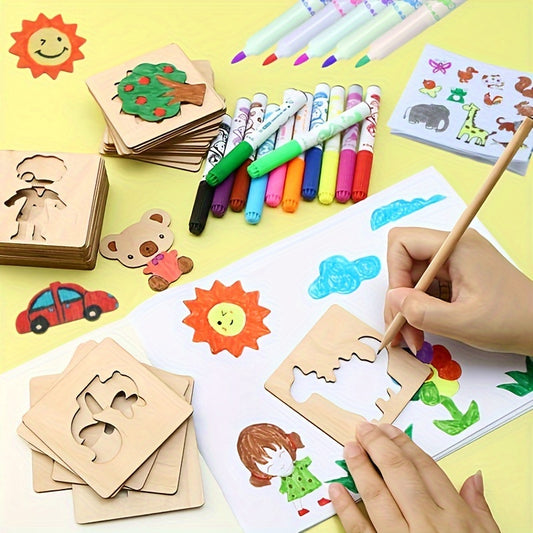 20pcs Wooden Drawing Stencils Kit, Drawing Board Toys Coloring Puzzle Arts Crafts Set, Educational Toys