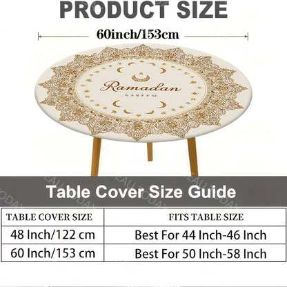 1pc, Ramadan Kareem Polyester Round Elastic Tablecloth, Golden Geometric Frame, Eid Mubarak Decoration Outdoor Farmhouse Tablecloth, Restaurant Kitchen, Ramadan Mubarak Eid Al-Fitr Decorations Holiday Party, Home Decoration_Y