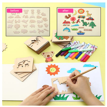 20pcs Wooden Drawing Stencils Kit, Drawing Board Toys Coloring Puzzle Arts Crafts Set, Educational Toys