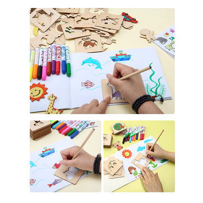 20pcs Wooden Drawing Stencils Kit, Drawing Board Toys Coloring Puzzle Arts Crafts Set, Educational Toys