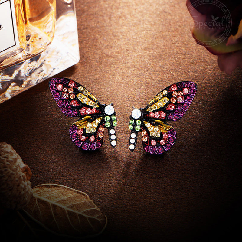 Vibrant Butterfly Shaped Stud Earrings - Sparkling Alloy Jewelry with Synthetic Gems Inlay, Bohemian Luxury Style, Hypoallergenic, Nickel-Free, Perfect for Women's Everyday Wear