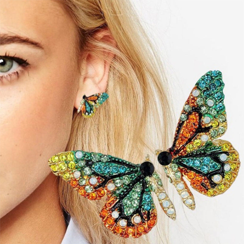 Vibrant Butterfly Shaped Stud Earrings - Sparkling Alloy Jewelry with Synthetic Gems Inlay, Bohemian Luxury Style, Hypoallergenic, Nickel-Free, Perfect for Women's Everyday Wear