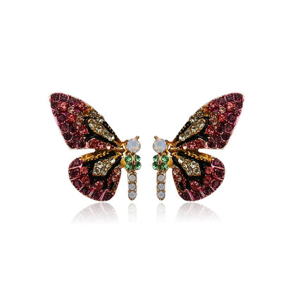 Vibrant Butterfly Shaped Stud Earrings - Sparkling Alloy Jewelry with Synthetic Gems Inlay, Bohemian Luxury Style, Hypoallergenic, Nickel-Free, Perfect for Women's Everyday Wear