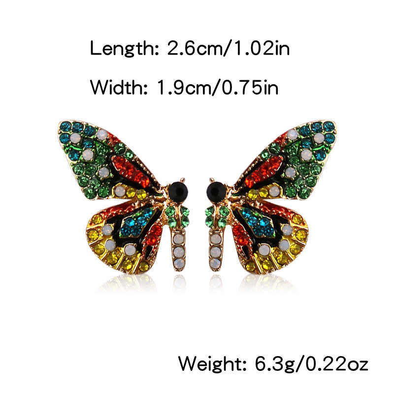 Vibrant Butterfly Shaped Stud Earrings - Sparkling Alloy Jewelry with Synthetic Gems Inlay, Bohemian Luxury Style, Hypoallergenic, Nickel-Free, Perfect for Women's Everyday Wear