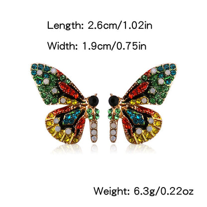 Vibrant Butterfly Shaped Stud Earrings - Sparkling Alloy Jewelry with Synthetic Gems Inlay, Bohemian Luxury Style, Hypoallergenic, Nickel-Free, Perfect for Women's Everyday Wear
