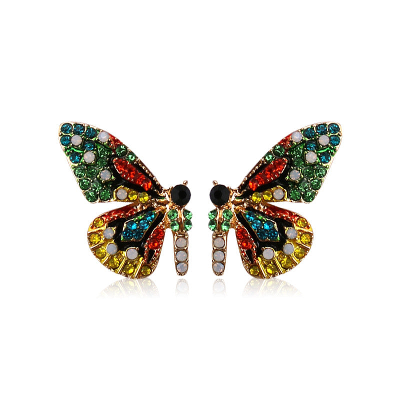 Vibrant Butterfly Shaped Stud Earrings - Sparkling Alloy Jewelry with Synthetic Gems Inlay, Bohemian Luxury Style, Hypoallergenic, Nickel-Free, Perfect for Women's Everyday Wear