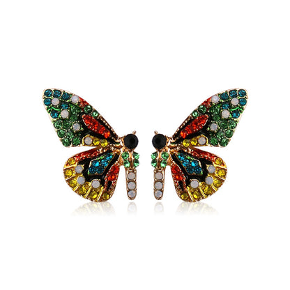 Vibrant Butterfly Shaped Stud Earrings - Sparkling Alloy Jewelry with Synthetic Gems Inlay, Bohemian Luxury Style, Hypoallergenic, Nickel-Free, Perfect for Women's Everyday Wear
