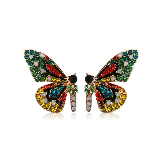 Vibrant Butterfly Shaped Stud Earrings - Sparkling Alloy Jewelry with Synthetic Gems Inlay, Bohemian Luxury Style, Hypoallergenic, Nickel-Free, Perfect for Women's Everyday Wear