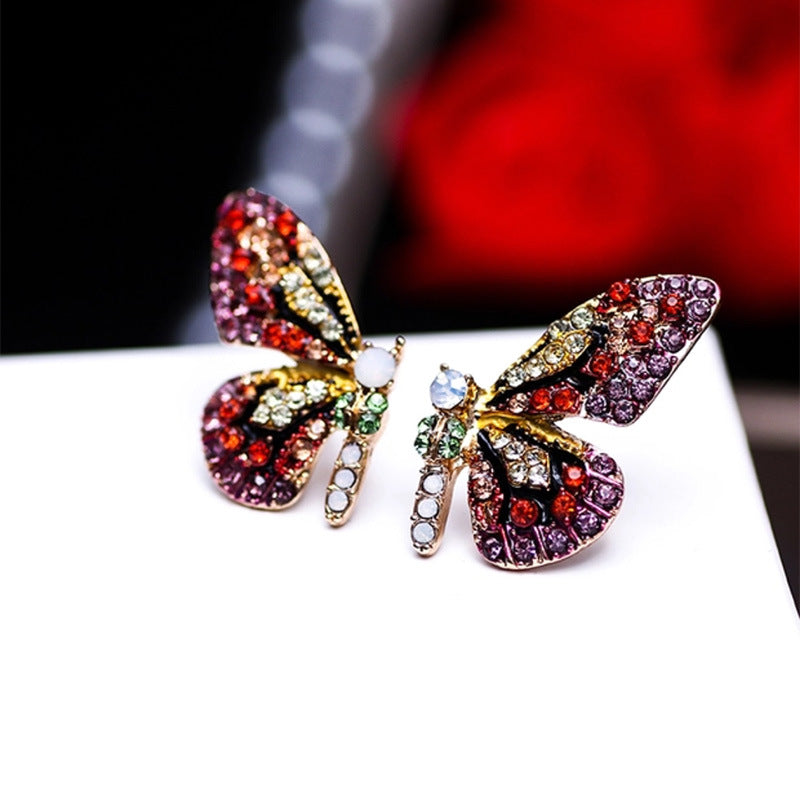 Vibrant Butterfly Shaped Stud Earrings - Sparkling Alloy Jewelry with Synthetic Gems Inlay, Bohemian Luxury Style, Hypoallergenic, Nickel-Free, Perfect for Women's Everyday Wear
