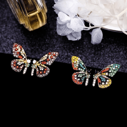 Vibrant Butterfly Shaped Stud Earrings - Sparkling Alloy Jewelry with Synthetic Gems Inlay, Bohemian Luxury Style, Hypoallergenic, Nickel-Free, Perfect for Women's Everyday Wear