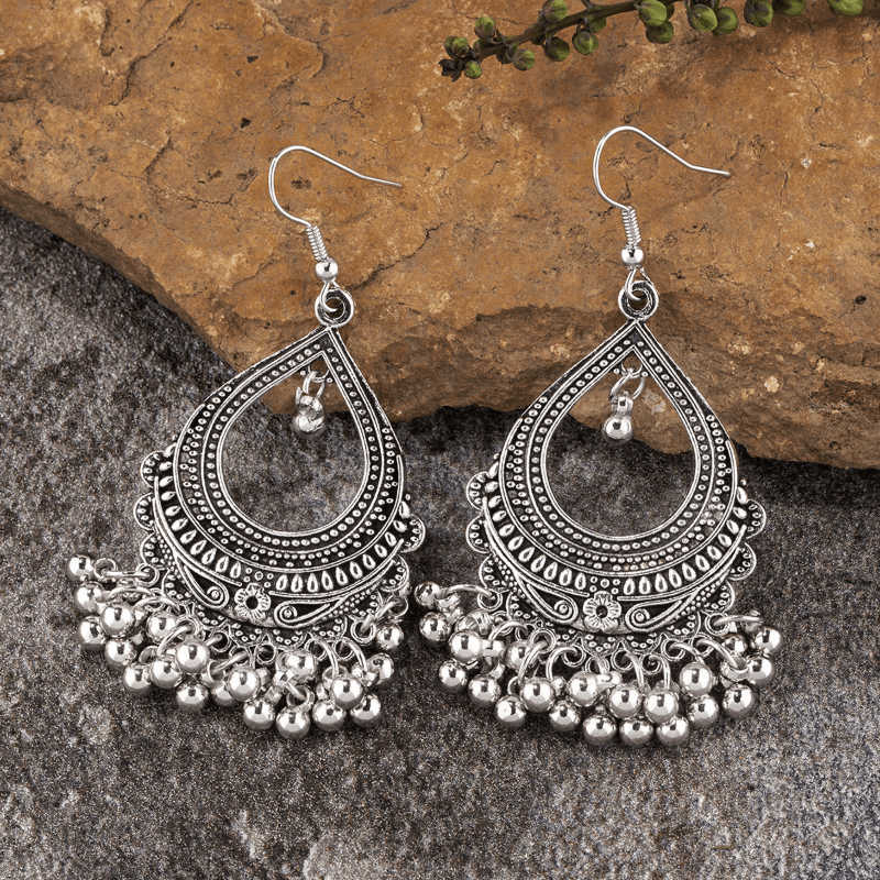 Vintage-Inspired Bohemian Dangle Earrings - Hollow Droplet Shape Metal Bells with Tassel, Ramadan Ear Jewelry - Unique Vocation Style, Fashionable Accessory for Women