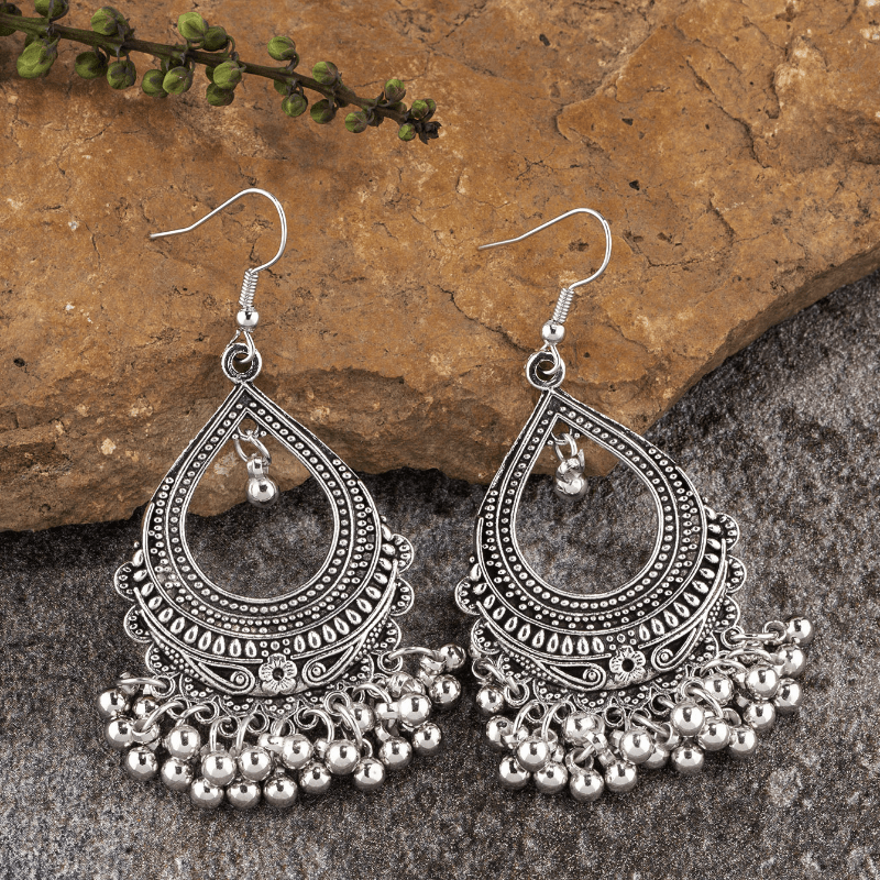Vintage-Inspired Bohemian Dangle Earrings - Hollow Droplet Shape Metal Bells with Tassel, Ramadan Ear Jewelry - Unique Vocation Style, Fashionable Accessory for Women