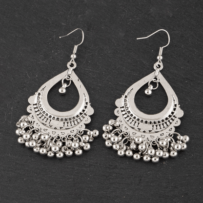Vintage-Inspired Bohemian Dangle Earrings - Hollow Droplet Shape Metal Bells with Tassel, Ramadan Ear Jewelry - Unique Vocation Style, Fashionable Accessory for Women