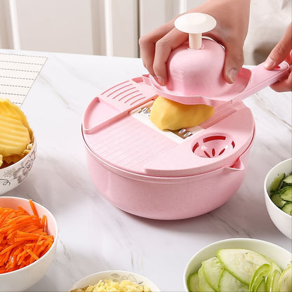 12-in-1 Vegetable Chopping Wizard - Effortless Manual Slicer, Shredder & Grater for Carrots, Potatoes, Radish - Durable Kitchen Tool for Home & Commercial Use